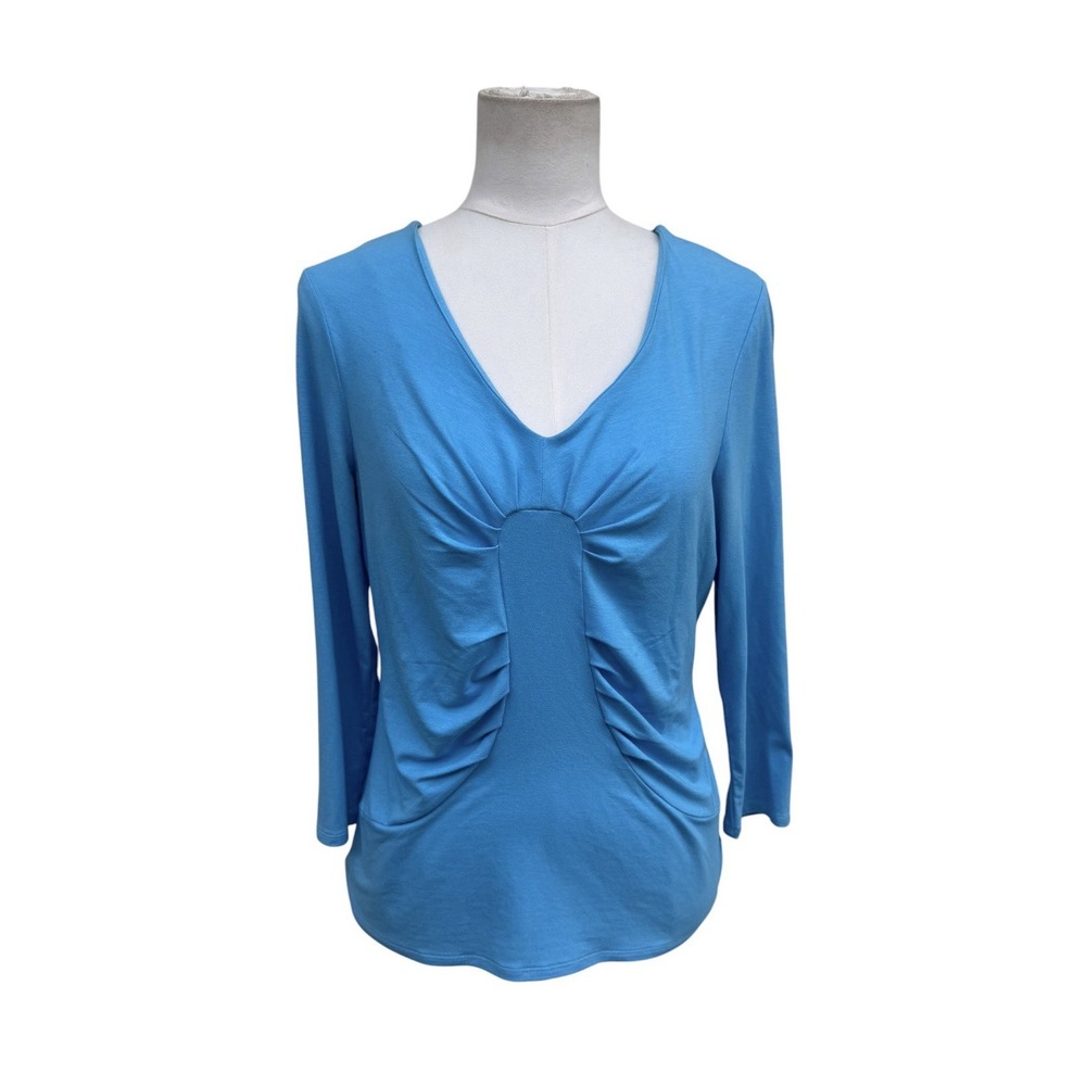 Etcetera Womens‎ M Turquoise Blue Ruched V Neck 3/4 Sleeve Stretch Top